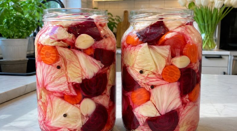 Fermentuoti kopūstai gabalėliais su burokėliais, morkomis ir česnakais, traškūs, ryškūs ir nepaprastai gardūs!